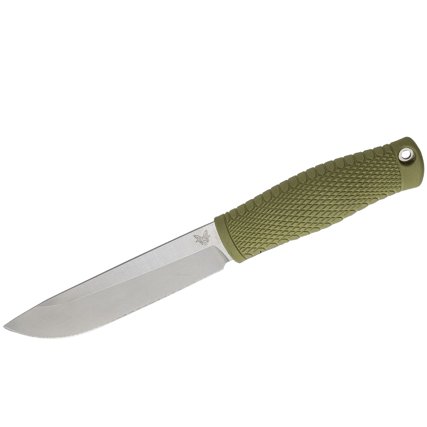 202 Leuku Fixed Blade Bushcraft Knife 5.19" CPM-3V Satin Drop Point, Ranger Green Santoprene Handles, Leather Sheath