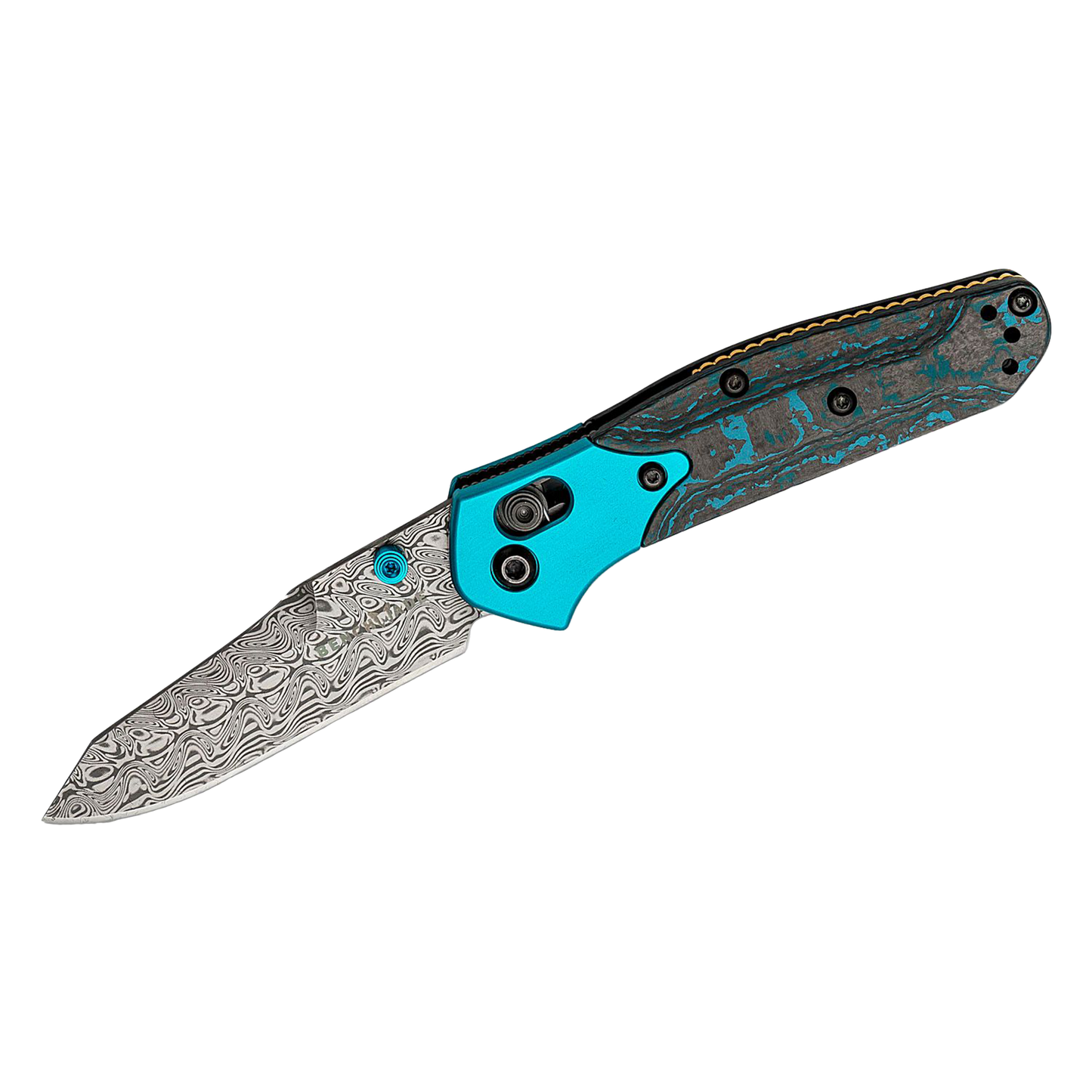945-221 Gold Class Mini Osborne Folding Knife 2.92" Aegir Damasteel Plain Blade, Arctic Storm FatCarbon Handles with Aqua Anodized Bolsters