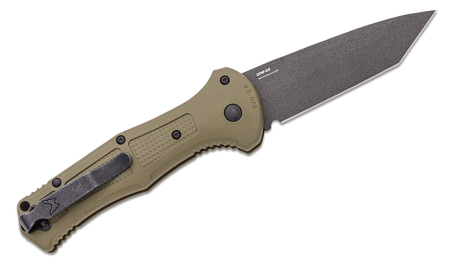 9071BK-1 Claymore AUTO Folding Knife 3.6" CPM-D2 Cobalt Black Tanto Plain Blade, Ranger Green Grivory Handles