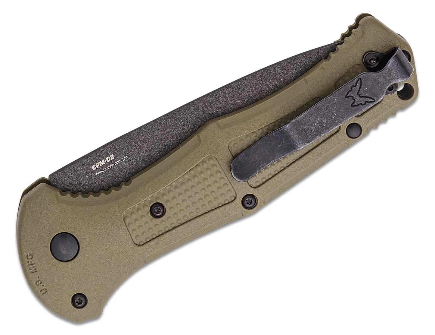 9071BK-1 Claymore AUTO Folding Knife 3.6" CPM-D2 Cobalt Black Tanto Plain Blade, Ranger Green Grivory Handles
