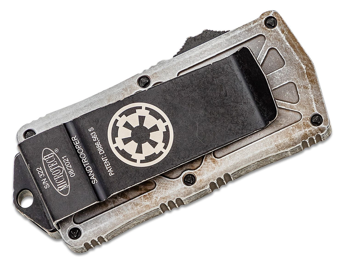 157-3SA Sandtrooper Exocet OTF Money Clip AUTO Knife 1.98" White Sand Plain/Serrated Double Edge Blade and Aluminum Handles