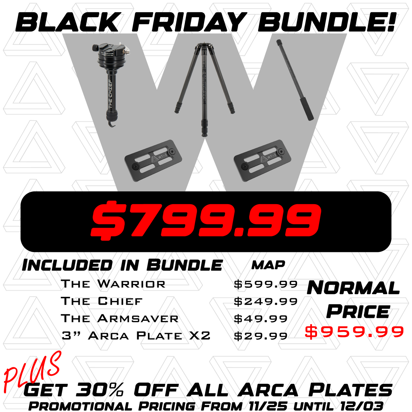 -Black Friday Combo- Warrior Tripod, Chief Head, Arca Plate, Arm Saver