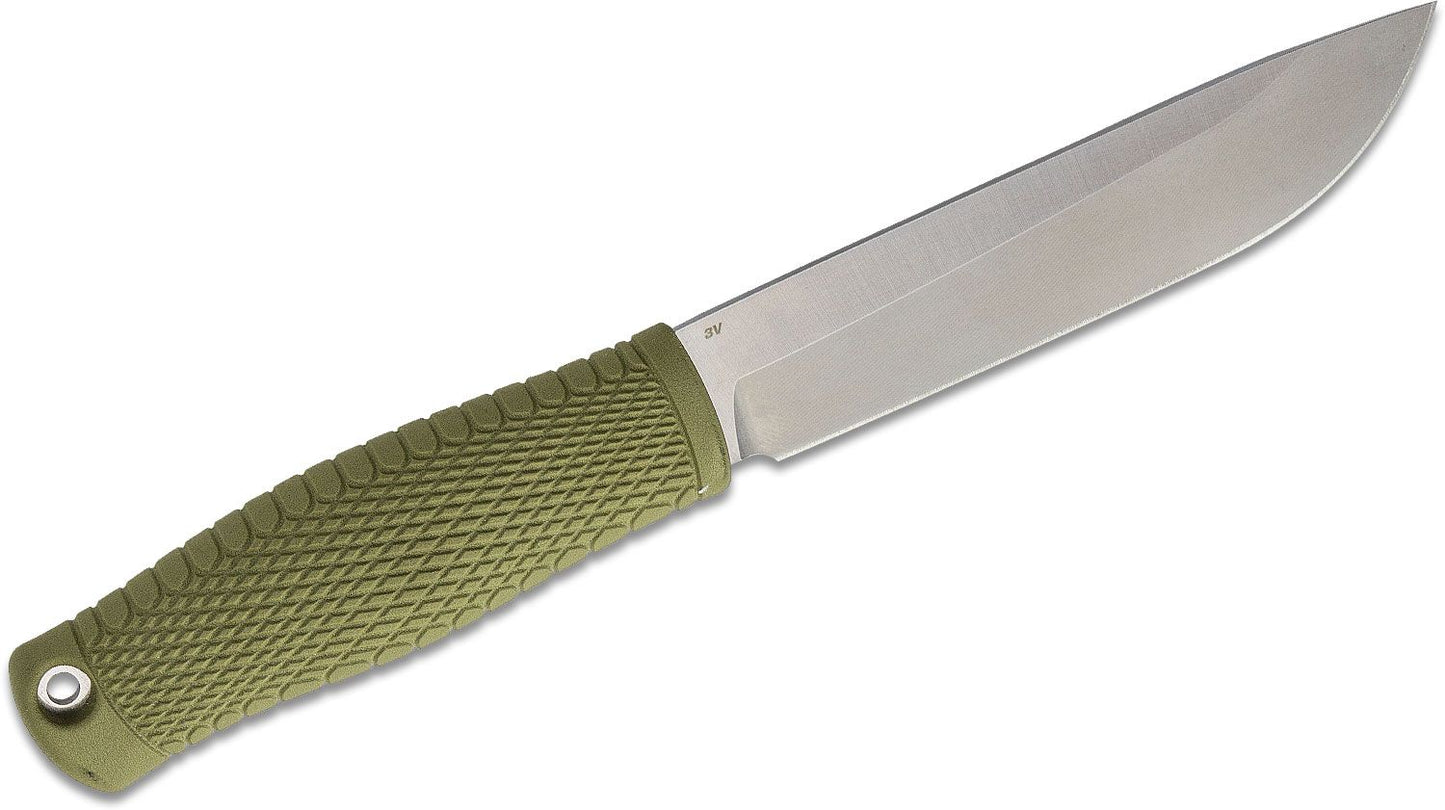 202 Leuku Fixed Blade Bushcraft Knife 5.19" CPM-3V Satin Drop Point, Ranger Green Santoprene Handles, Leather Sheath