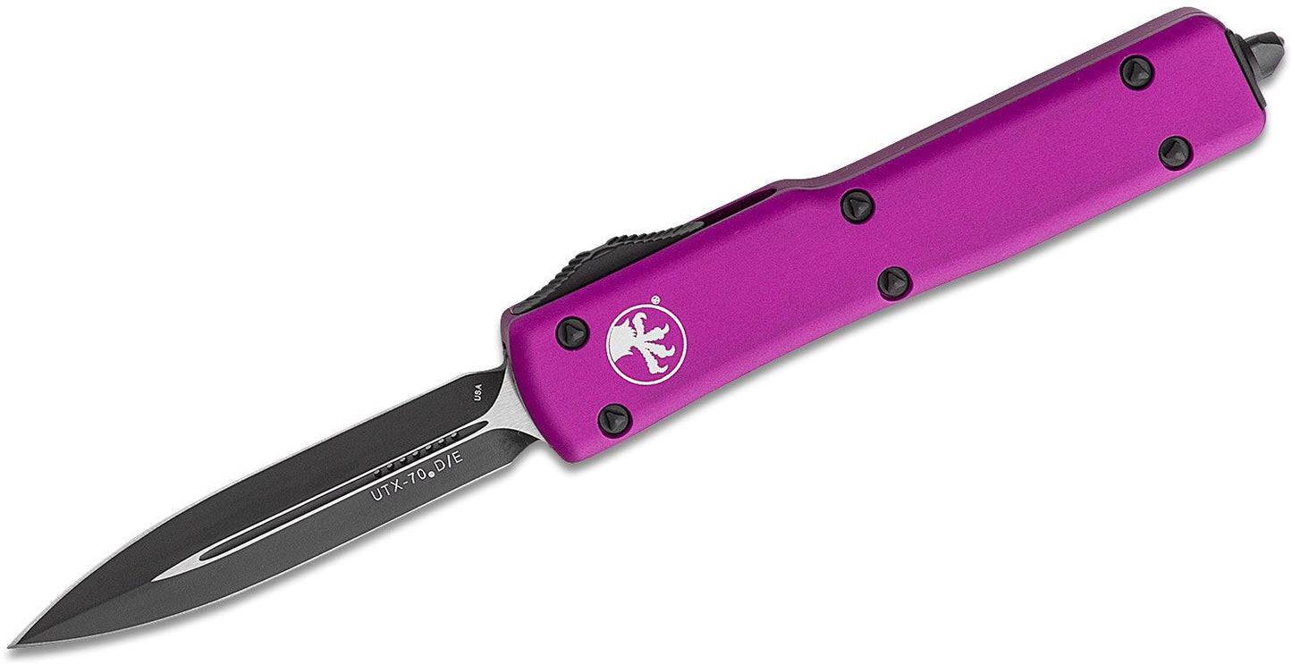 147-1VI UTX-70 AUTO OTF Knife 2.41" Black Plain Double Edge Blade, Violet Aluminum Handles
