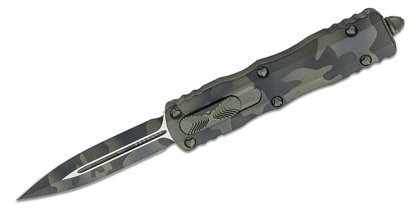 225-1OCS Signature Series Dirac AUTO OTF Knife 2.92" OD Green Camo Double Edge Dagger Blade, OD Green Camo Aluminum Handles