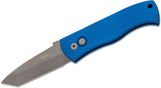 E7T01 Emerson CQC7 AUTO Folding Knife 3.25" 154CM Bead Blasted Plain Blade, Blue Aluminum Handles
