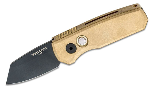 R5212 Limited Edition Runt 5 AUTO Folding Knife 1.94" CPM-20CV Black DLC Reverse Tanto Blade, Stonewashed Bronze Aluminum Handles, Mother of Pearl Button