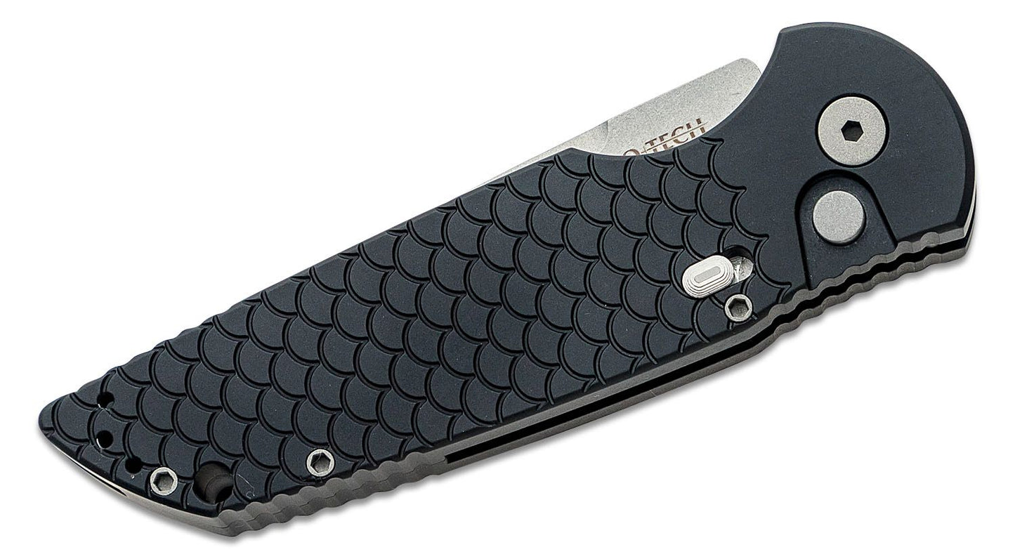 TR-3 MC-1 Tactical Response III AUTO Folding Knife 3.375" CPM-MagnaCut Stonewashed Plain Blade, Black Fish Scale Milled Aluminum Handles with Safety