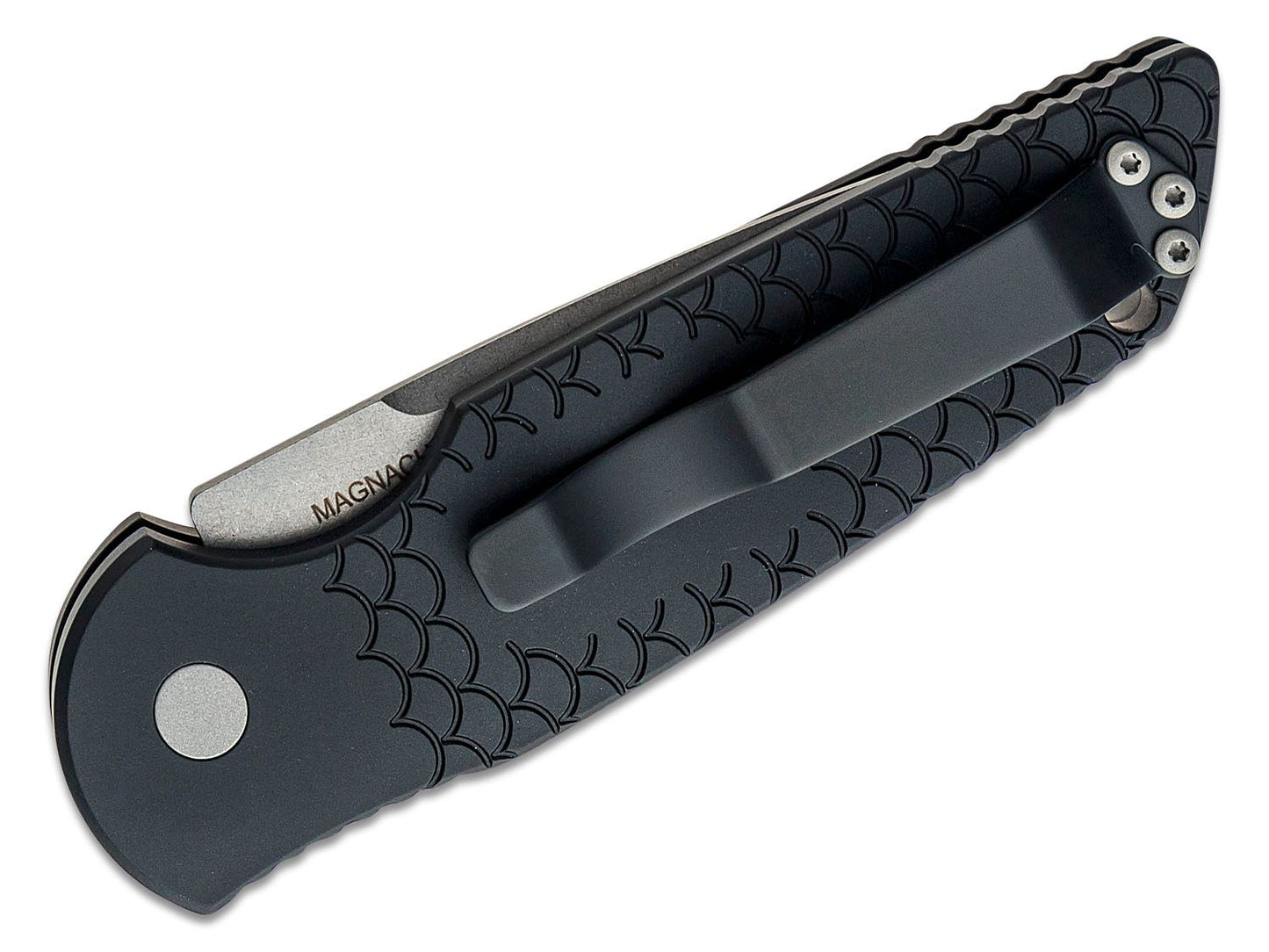 TR-3 MC-1 Tactical Response III AUTO Folding Knife 3.375" CPM-MagnaCut Stonewashed Plain Blade, Black Fish Scale Milled Aluminum Handles with Safety