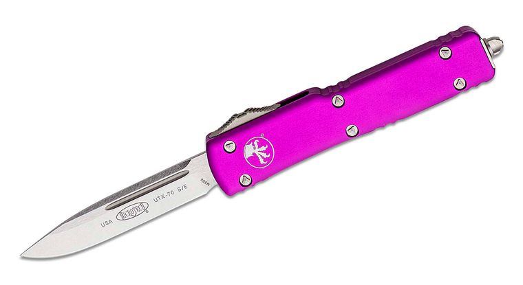 148-10VI UTX-70 AUTO OTF Knife 2.41" Stonewashed Drop Point Plain Blade, Violet Aluminum Handles